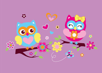 Charming owl vector illustration with colorful flowers and tiny insects in a whimsical, nature-themed design.
