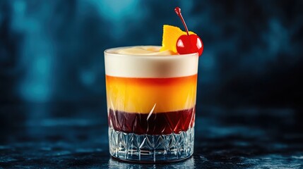 Close-up of a layered cocktail garnished with a cherry and a slice of orange.