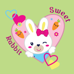 Adorable bunny vector illustration surrounded by colorful flowers and tiny insects in a playful, nature-inspired design.
