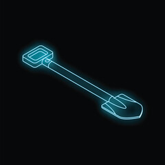 Neon shovel glowing with blue light on a black background