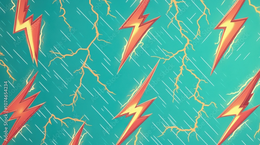 Poster a vibrant pattern featuring bold red lightning bolts against a teal background, creating an energeti