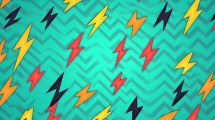 Colorful lightning bolts on a vibrant turquoise background create a dynamic, energetic pattern.
