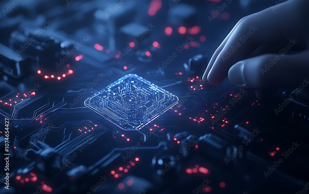 Fototapete A hand interacts with a glowing microchip on a circuit board, showcasing technology with intricate details and luminous elements.