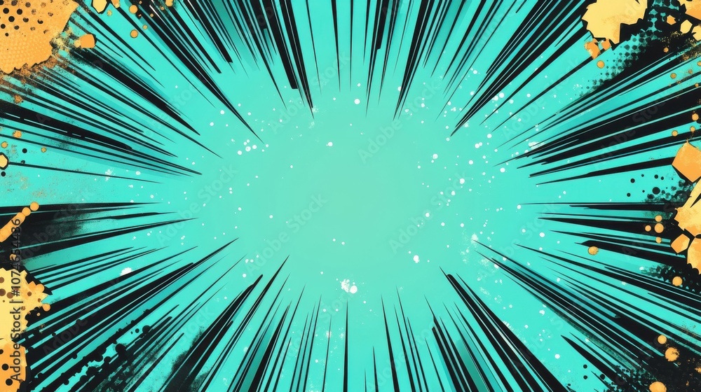 Poster dynamic abstract background with radiating lines in black and vibrant turquoise, creating an energet