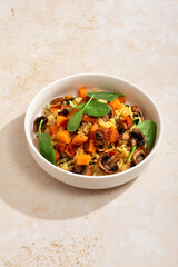 A vegan risotto with roasted pumpkin, mushrooms, and fresh spinach served in a white bowl on a light background