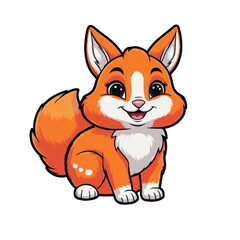 Obraz premium Cartoon Kitsune sticker with large expressive eyes, vibrant orange fur, fluffy curled tail, and playful expression, generative ai