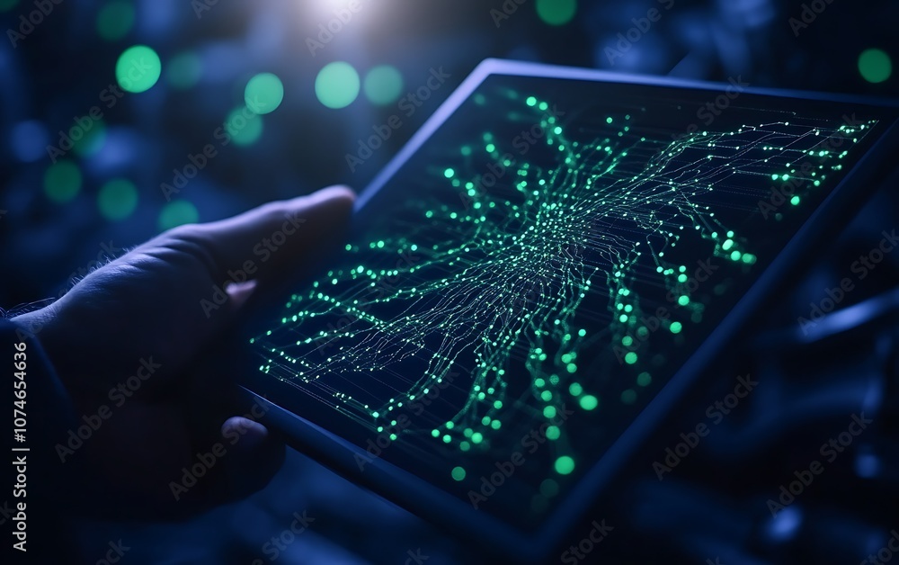 Fototapete A hand holds a tablet displaying a green and blue, abstract digital pattern, illuminated against a dark, tech-inspired background.