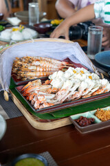 Seafood plate with shrip crab ready to serve in Samui, Thailand.