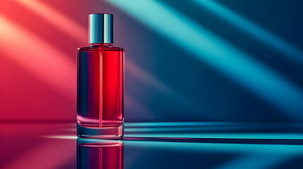Red Glass Bottle with Sprayer on Blue and Red Gradient Background - 3D Illustration