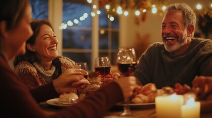 Family gathering around a table full of food while sharing laughter and glasses of wine during a cozy evening at home