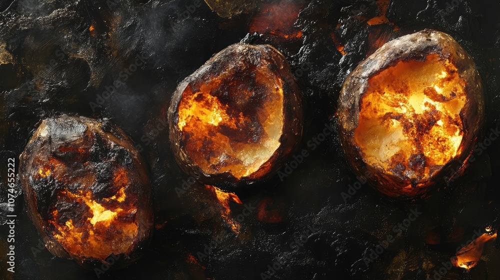 Poster close-up of three burnt and charred coconuts on a dark surface.