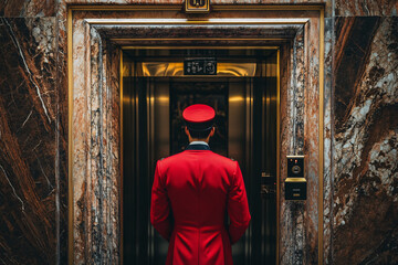 a hotel bellhop in a red uniform waits in front of an elevator with elegant marble walls creating a classic luxurious ambiance
