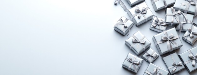 A stunning display of silver gift boxes with intricate ribbons, perfect for special occasions and celebrations, set against a serene background