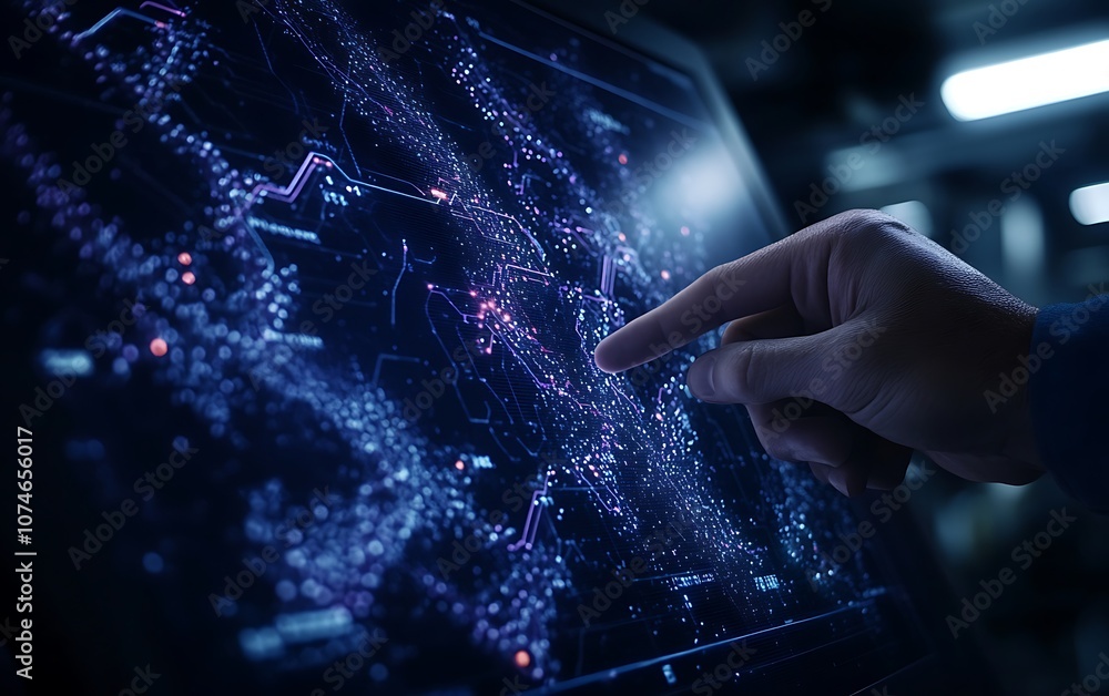 Fototapete A hand interacts with a digital interface displaying intricate network patterns and data visualizations in vibrant colors.