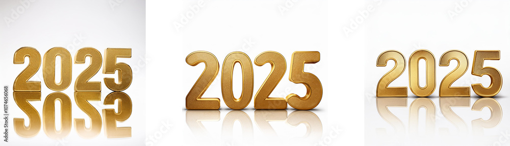 Poster three golden 2025 numerals with reflections on a white background.