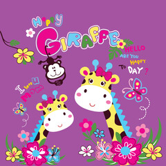Adorable giraffe vector illustration surrounded by colorful flowers with a little friend in a joyful