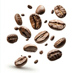 Fototapeta premium Fliegende geröstete Kaffeebohnen auf weißem Hintergrund 