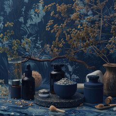 Obraz premium Stylish blue jars and herbs in rustic, artistic setup.