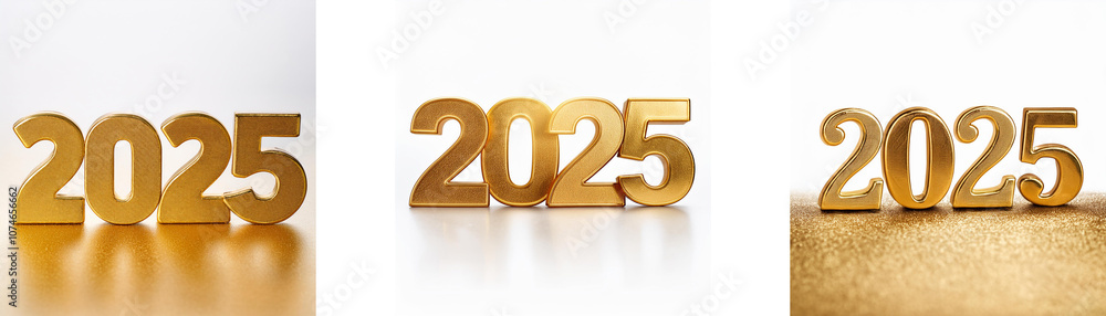 Aufkleber three gold 2025s on white backgrounds with a gold surface under the last one.