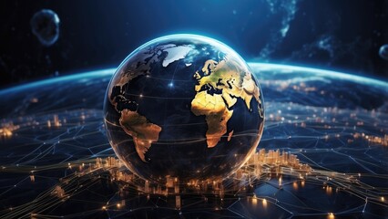 broad virtual currency, abstract business, and crypto technology. Cyber Earth is a computerized world planet in the metaverse