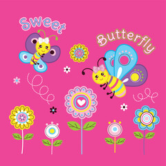 Obraz premium Charming butterfly vector illustration with vibrant flowers in a playful, nature-inspired design.
