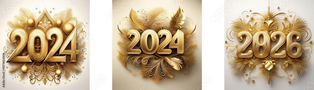 Poster Three images showcasing the year 2024 in gold, with two variations of the text. The text sits on a bed of gold feathers and ornate details.