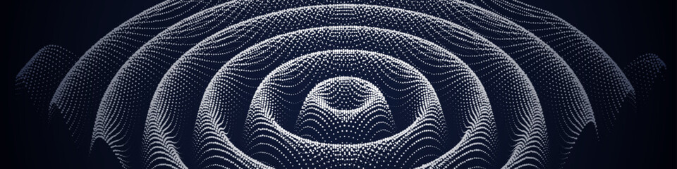 Points in radial  grid chaotic waves texture. Abstract dots on dark background. Technology cyberspace concept.