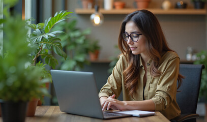 A young woman works on her laptop in a plant-filled office, balancing nature and productivity. The environment is bright and modern, promoting calm and focus.
