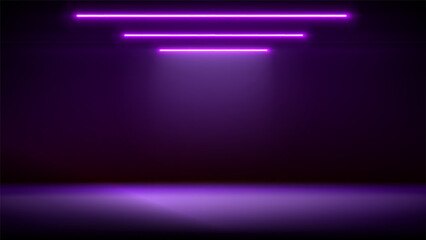 Studio interior, stage with neon, led lighting. Background. Modern pink purple black interior with light. Backdrop for mounting, product placement. Design element. Vector background, template, mockup