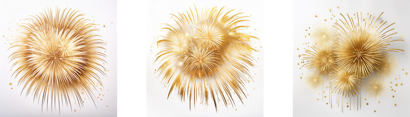 Three golden bursts of light, appearing similar to fireworks, are displayed against a white background.