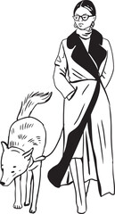 Girl Dog Walk Line Sketch