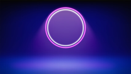 Futuristic stage blue background. Room illuminated by circular white magenta neon, modern led halo spotlight. Backdrop for displaying products, presentation, advertising. Showcase. Vector