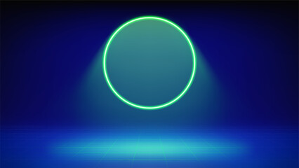 Fototapeta premium Futuristic stage blue background. Room illuminated by circular green neon, modern led halo spotlight, grid floor. Backdrop for displaying products, presentation, advertising. Showcase. Vector