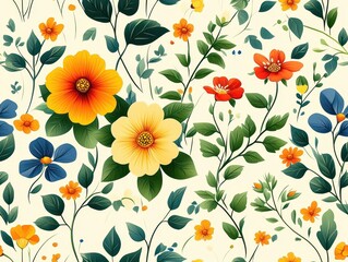 Vibrant floral patterns in a flat design, colorful and intricate, perfect for modern decor and textiles, enhancing visual appeal.