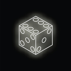 White neon dice is glowing on black background