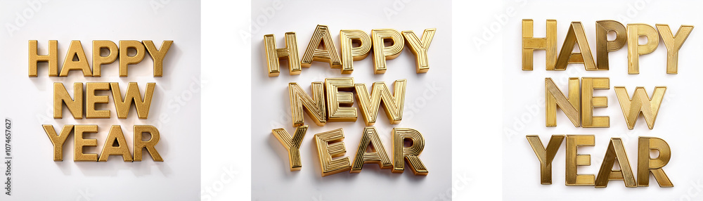 Poster three different arrangements of gold letters spelling 