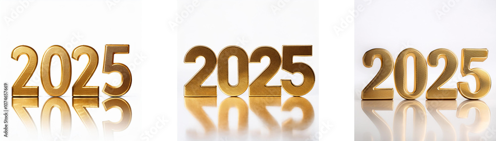 Poster three gold 2025 numerals on a white background, each with a reflection.