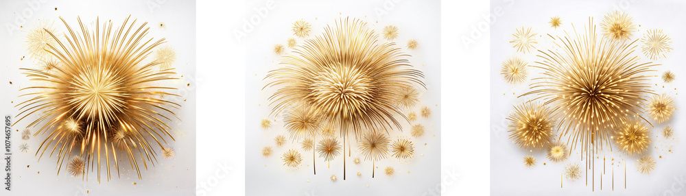 Aufkleber three abstract golden bursts reminiscent of fireworks explode against a stark white backdrop.