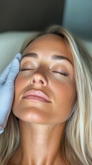 Fototapeta premium Close-Up of Blonde Woman Receiving Aesthetic Treatment in Clinical Setting with White-Gloved Hand, Calm and Radiant Expression