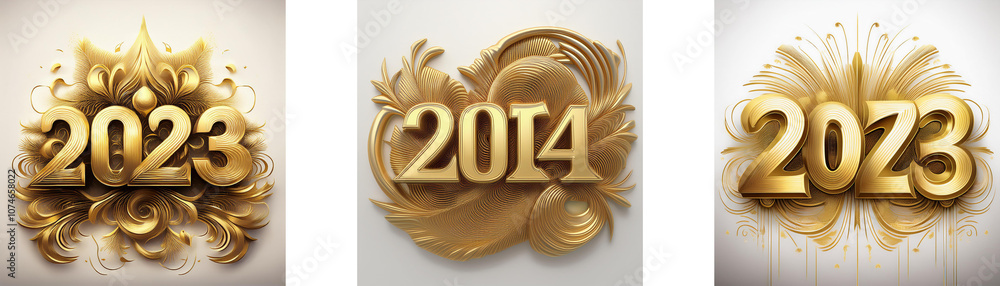 Poster three different gold colored new year's greetings surrounded by decorative swirls and a background.