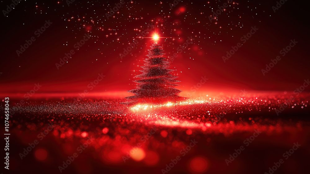 Poster christmas tree against a red background with ornaments and abstract defocused lights creating a joyf