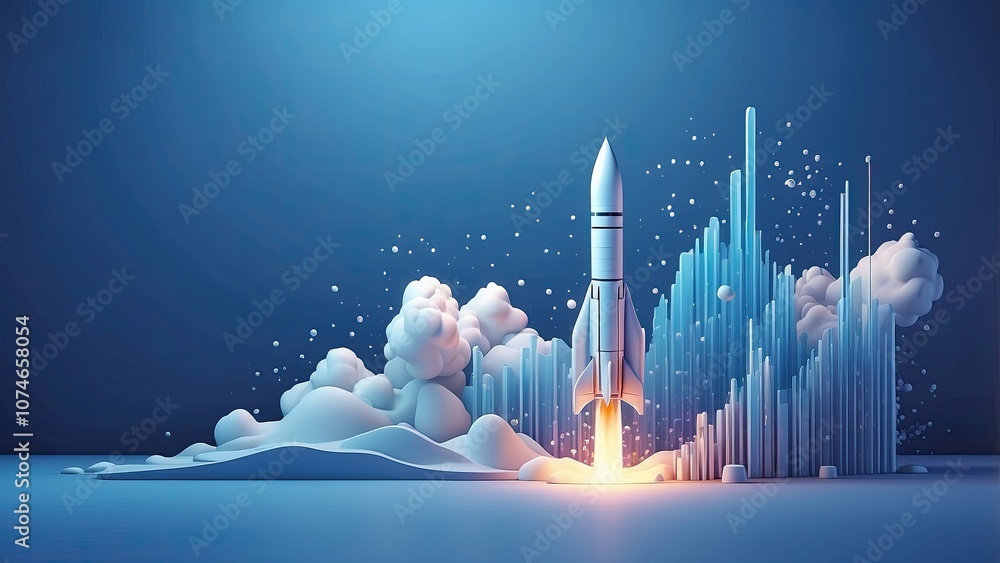 Poster on a blue background of technology, an abstract growth graph chart including a rocket launch is disp