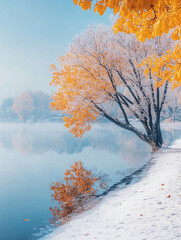Naklejka premium A frosty tree with yellow leaves stands tall by a calm lake, reflecting its beauty in the still water on a cold winter morning