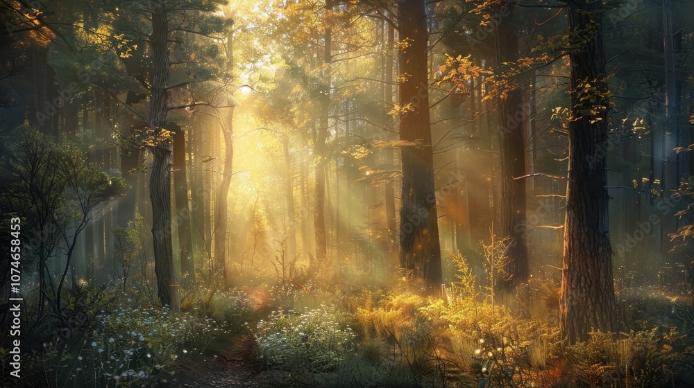 Poster a tranquil forest steeped in an otherworldly glow as if the trees were softly whispering secrets to 