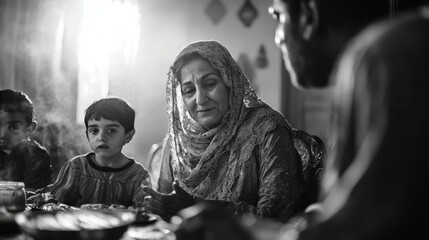 Fototapeta premium Black and White Photograph of Family Gathering During Traditional Eid Celebration, Warm Expressions and Soft Focus