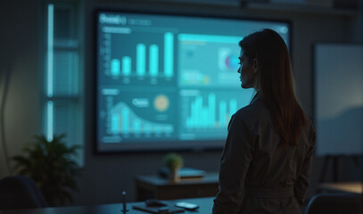 A woman in a dark office examines a large screen filled with data charts and graphs, highlighting focus, analysis, and the digital work environment.