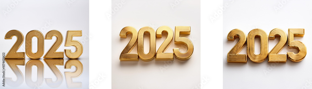 Poster three gold 2025's are pictured on a white background, each with a different perspective.