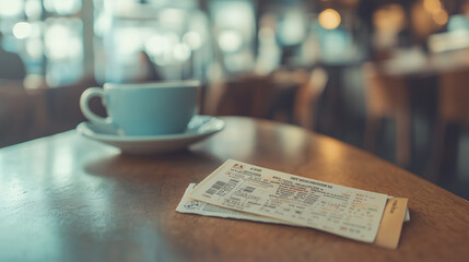 Lottery ticket closeup on a table, symbolizing hope and dreams of a better future, with a glimmer of anticipation and chance.