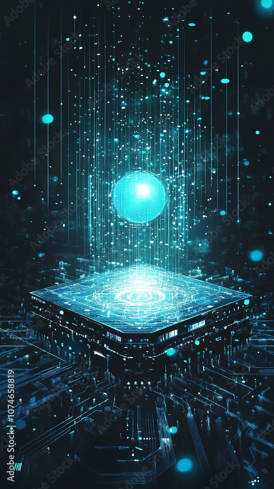 Poster a glowing, turquoise sphere hovers above a circuit board, surrounded by a cascade of digital lines a