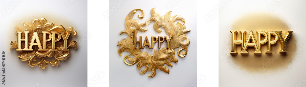 Poster three gold variations of the word happy displayed on white backgrounds.